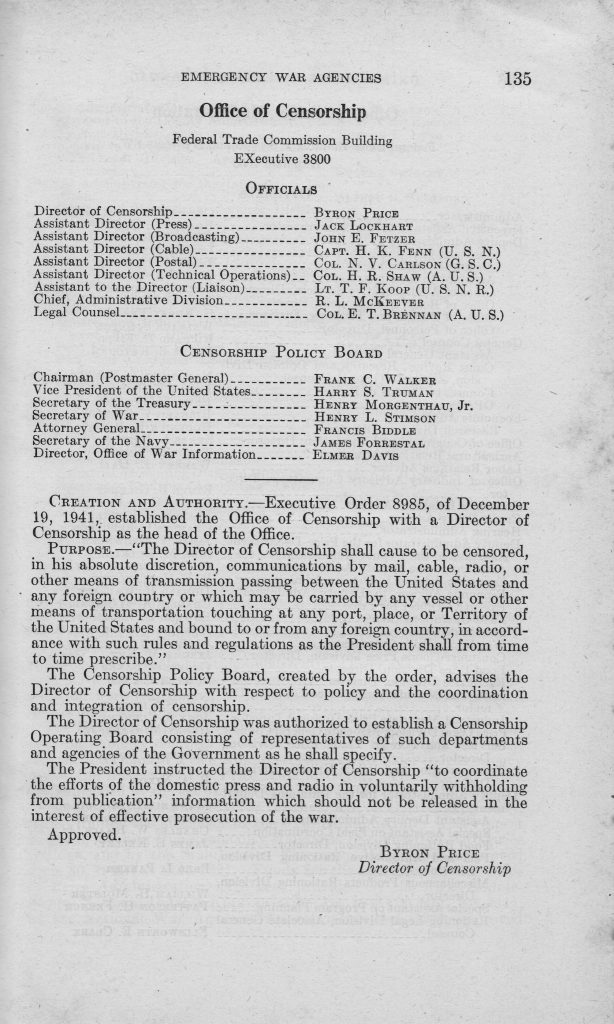 Official information about the Office of War Information (OWI) and the Office of Censorship as of March 1945 in United States Government Manual – 1945, First Edition, published by the Division of Public Inquiries, Office of War Information, Washington, DC, Government Printing Office