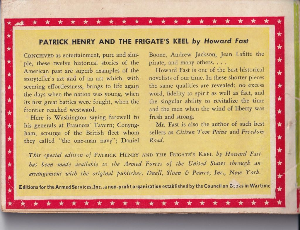 Patrick Henry and the Frigate's Keel by Howard Fast in Overseas Edition for Armed Forces Back Cover.