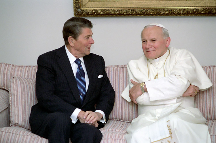 5/2/1984 President Reagan meeting with Pope John Paul II at the Fairbanks Airport in Alaska. From Reagan Library Archives.