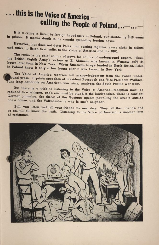A page from the “Unconquered Poland” socialist propaganda booklet published by the Office of War Information (OWI) employees who worked on producing early Voice of America broadcasts and later joined communist regimes in Eastern Europe. The booklet may contain the first reference in print to the "Voice of America" name.