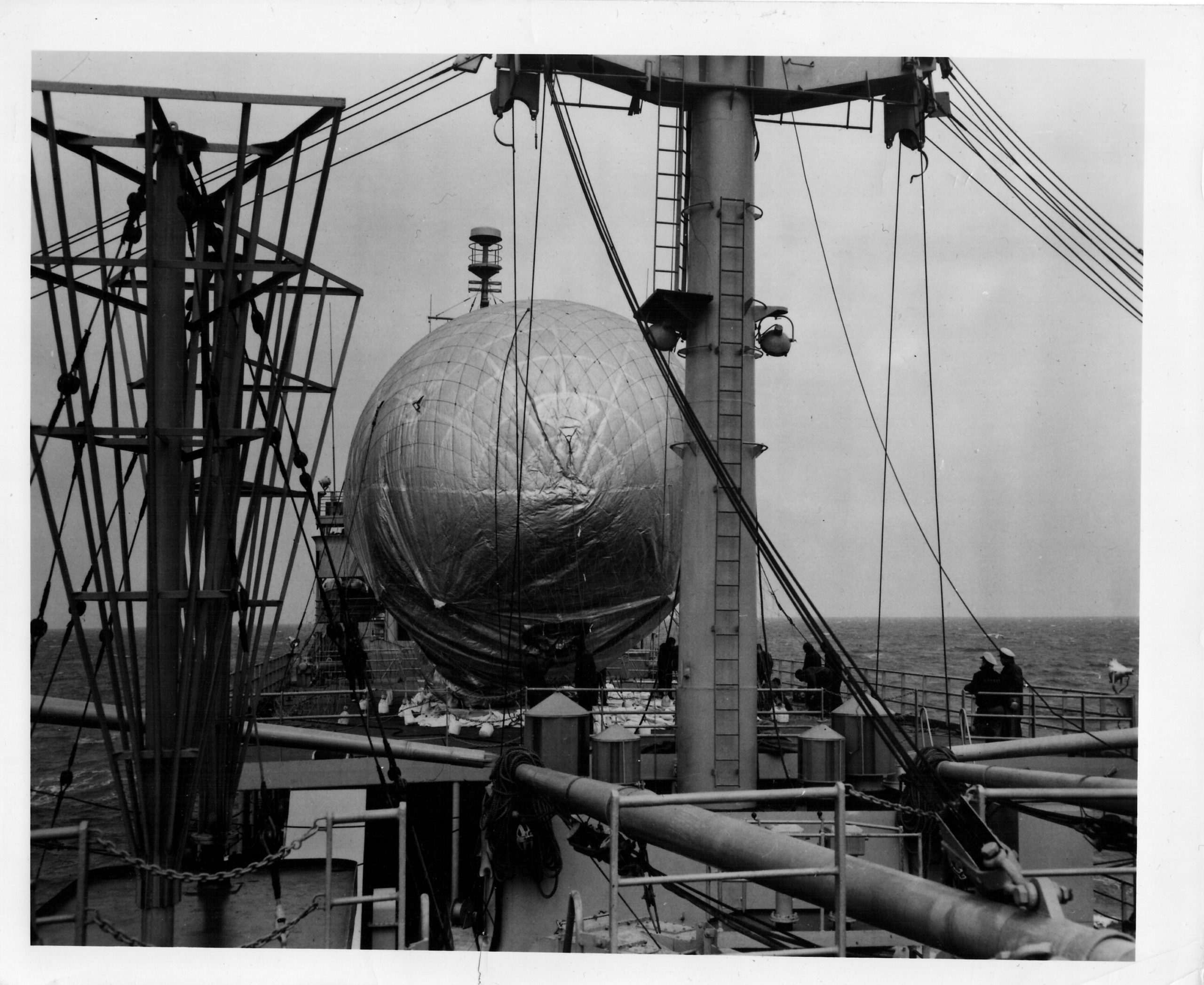 Captive balloon supports a Voice of America antenna on USCGC Courier. October 1952 U.S. Coast Guard photo.