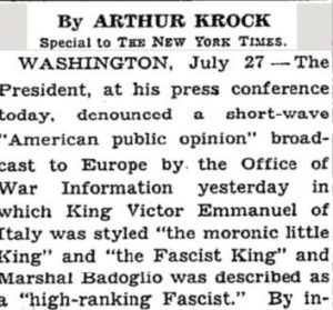 New York Times Exposes Voice of America “Moronic Little King of Italy” Broadcast Condemned By Roosevelt And Eisenhower