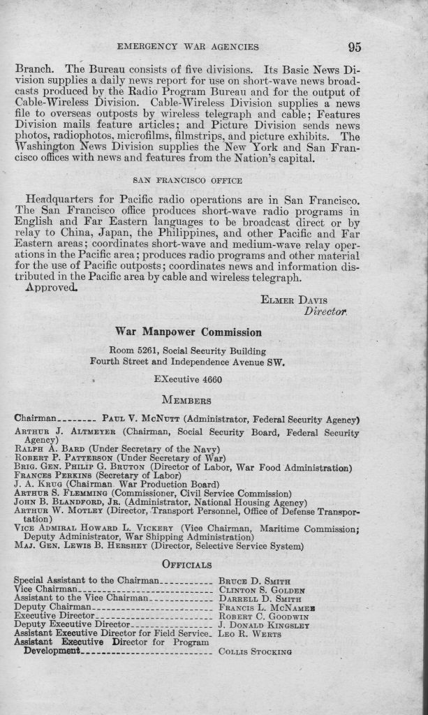 Official information about the Office of War Information (OWI) and the Office of Censorship as of March 1945 in United States Government Manual – 1945, First Edition, published by the Division of Public Inquiries, Office of War Information, Washington, DC, Government Printing Office