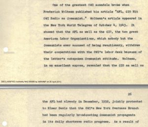 Former Office of War Information (OWI) journalist Julius Epstein explaining how the AFL and the CIO American labor federations broke their cooperation with the Voice of America because of communist influence over VOA broadcasts.