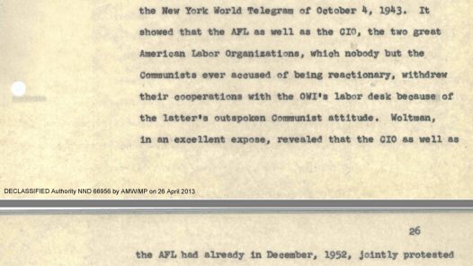 Former Office of War Information (OWI) journalist Julius Epstein explaining how the AFL and the CIO American labor federations broke their cooperation with the Voice of America because of communist influence over VOA broadcasts.