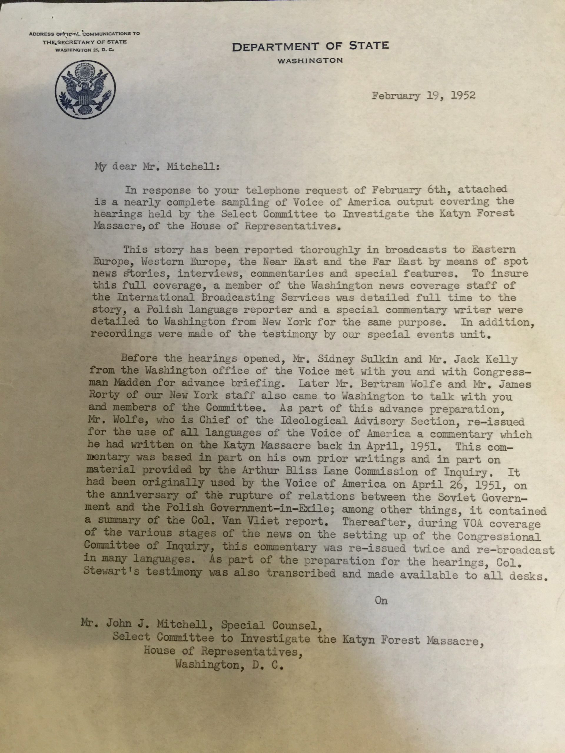 Memorandum from Wilson M. Compton, Administrator, United States Information Administration Department of State to John J. Mitchell, Special Counsel, Select Committee on the Katyn Forest Massacre, 82nd Congress, February 19, 1952, National Archives, Washington DC, Page 1