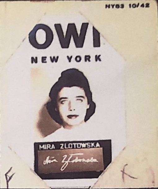 OWI identification photograph of Mira Złotowska, a member of the Polish-language staff of U.S. wartime information services, later active in the cultural life of communist-ruled Poland.