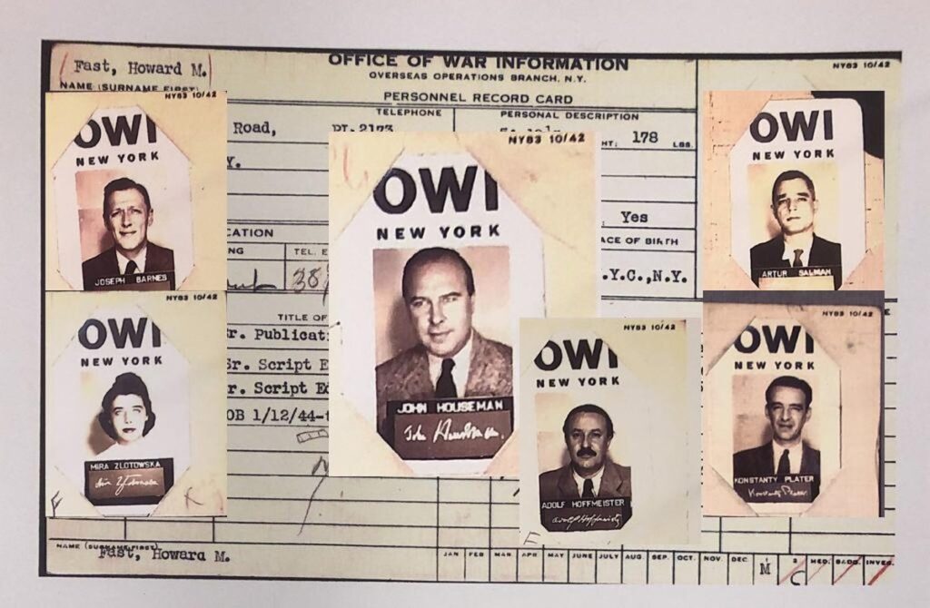 Collage with Howard Fast’s OWI personnel record card in the background and official OWI photographs of John Houseman, Joseph Barnes, Stefan Arski, Mira Złotowska, Konstanty Broel Plater, and Adolf Hoffmeister.