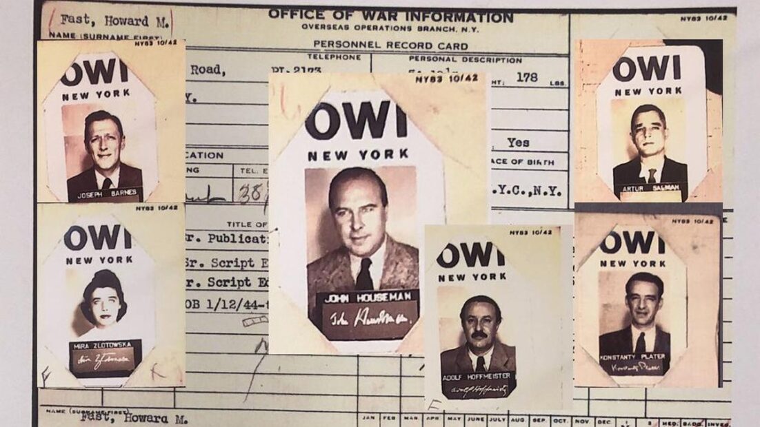 Collage with Howard Fast’s OWI personnel record card in the background and official OWI photographs of John Houseman, Joseph Barnes, Stefan Arski, Mira Złotowska, Konstanty Broel Plater, and Adolf Hoffmeister.