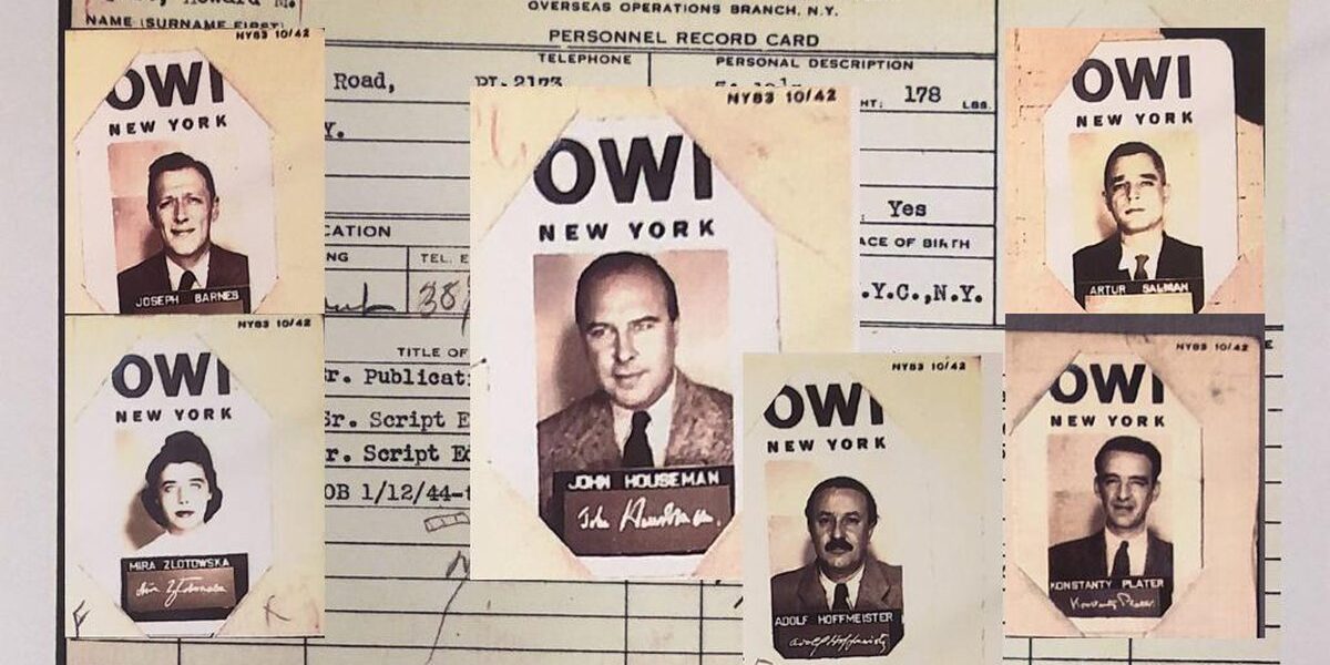 Collage with Howard Fast’s OWI personnel record card in the background and official OWI photographs of John Houseman, Joseph Barnes, Stefan Arski, Mira Złotowska, Konstanty Broel Plater, and Adolf Hoffmeister.
