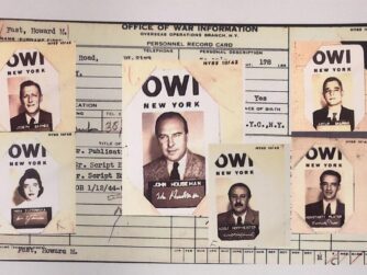 Collage with Howard Fast’s OWI personnel record card in the background and official OWI photographs of John Houseman, Joseph Barnes, Stefan Arski, Mira Złotowska, Konstanty Broel Plater, and Adolf Hoffmeister.