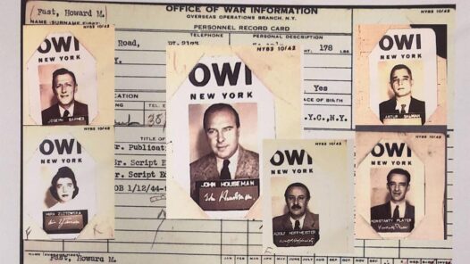 Collage with Howard Fast’s OWI personnel record card in the background and official OWI photographs of John Houseman, Joseph Barnes, Stefan Arski, Mira Złotowska, Konstanty Broel Plater, and Adolf Hoffmeister.