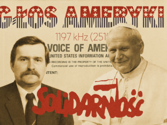 Archival-style collage showing the original Voice of America Polish Service tape box from 1986, with the “Głos Ameryki” sticker from the 1980s, Lech Wałęsa, Pope John Paul II, and the Solidarność logo, symbolizing Poland’s struggle for freedom in the 1980s.