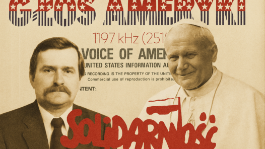 Archival-style collage showing the original Voice of America Polish Service tape box from 1986, with the “Głos Ameryki” sticker from the 1980s, Lech Wałęsa, Pope John Paul II, and the Solidarność logo, symbolizing Poland’s struggle for freedom in the 1980s.