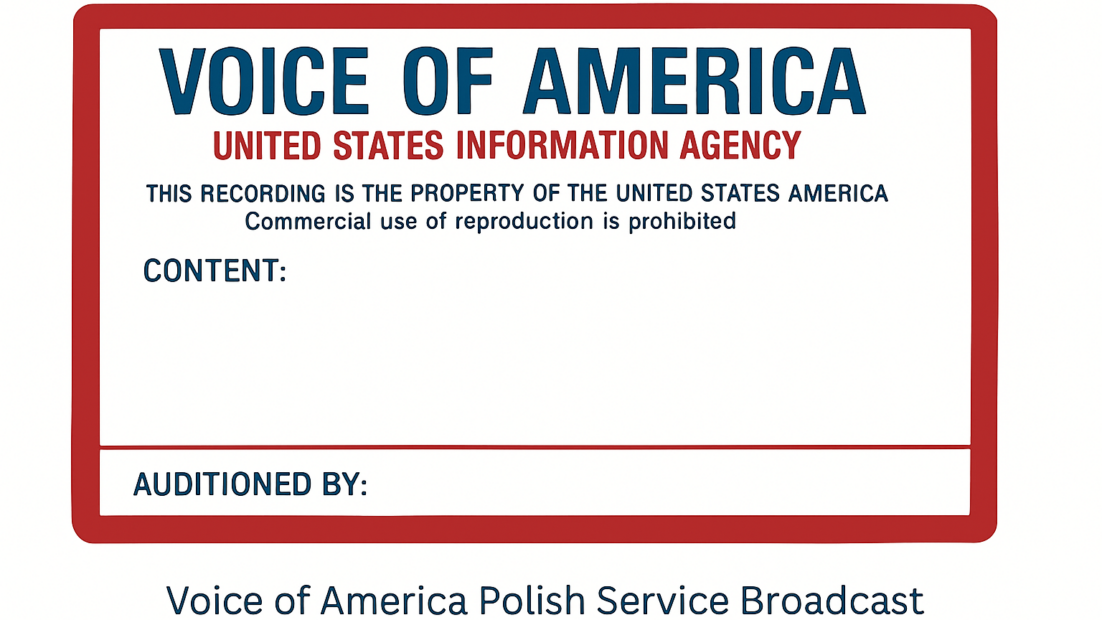 Cleaned and digitally restored label from the archival recording of the July 21 1986 Voice of America Polish Service evening broadcast, preserved by the Cold War Radio Museum.