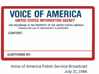 Cleaned and digitally restored label from the archival recording of the July 21 1986 Voice of America Polish Service evening broadcast, preserved by the Cold War Radio Museum.