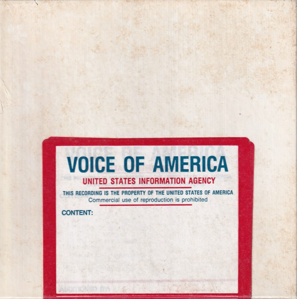 Front of the archival VOA tape box for the April 21, 1986 Polish Service broadcast, preserved by the Cold War Radio Museum.