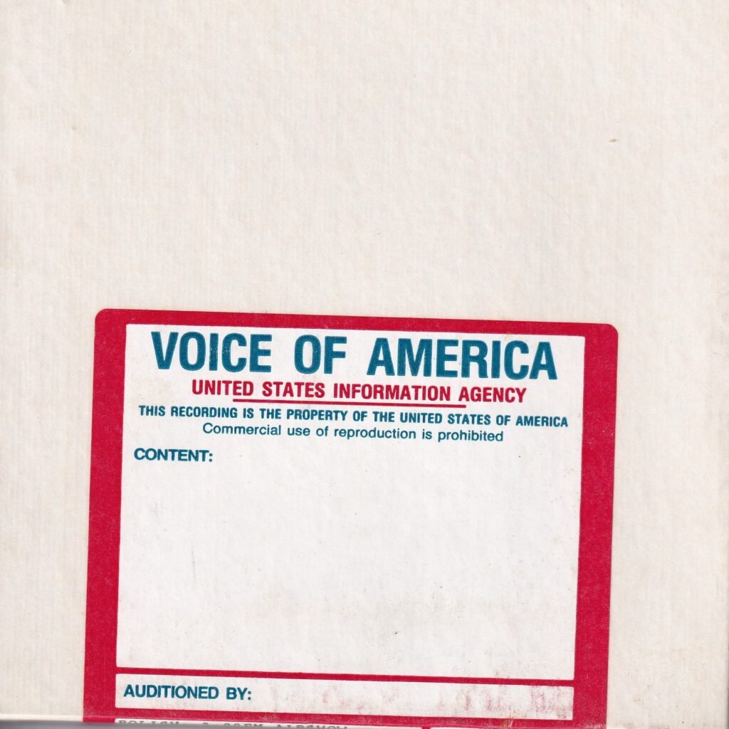 Front of the archival VOA tape box for the April 23, 1986 Polish Service broadcast, preserved by the Cold War Radio Museum.