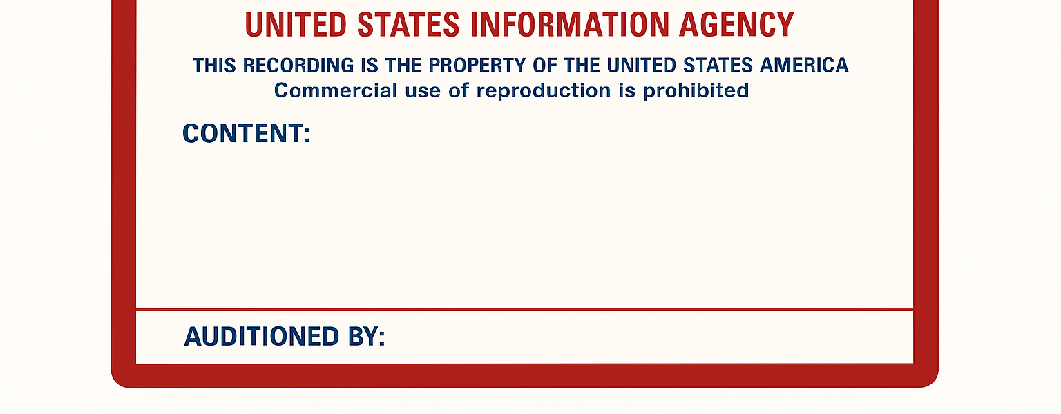 Digitally restored label from the Voice of America (United States Information Agency) tape box containing a fragment of the Polish Service evening broadcast from April 21, 1986.