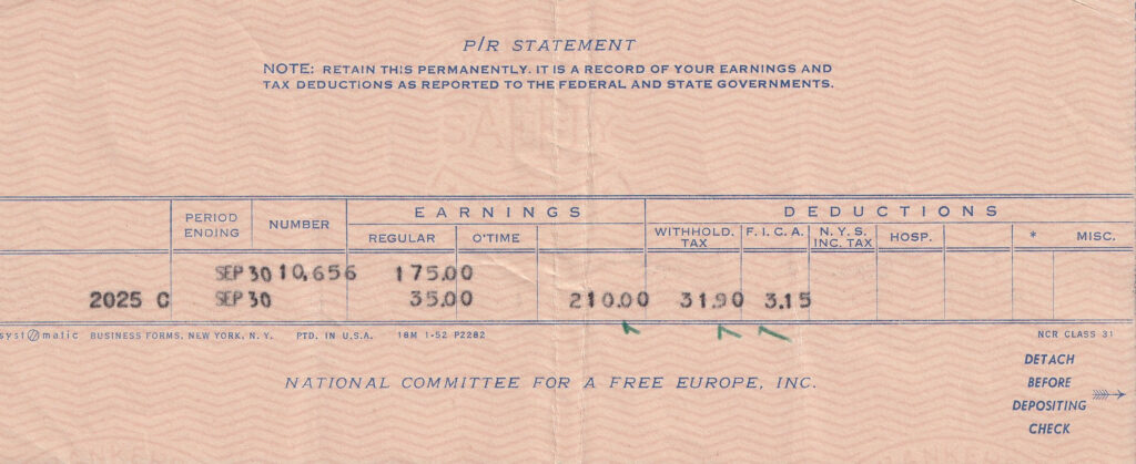 Payroll statement issued by the National Committee for a Free Europe, Inc., New York, early 1950s, showing earnings and tax deductions for a Radio Free Europe employee.