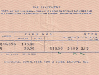Payroll statement issued by the National Committee for a Free Europe, Inc., New York, early 1950s, showing earnings and tax deductions for a Radio Free Europe employee.