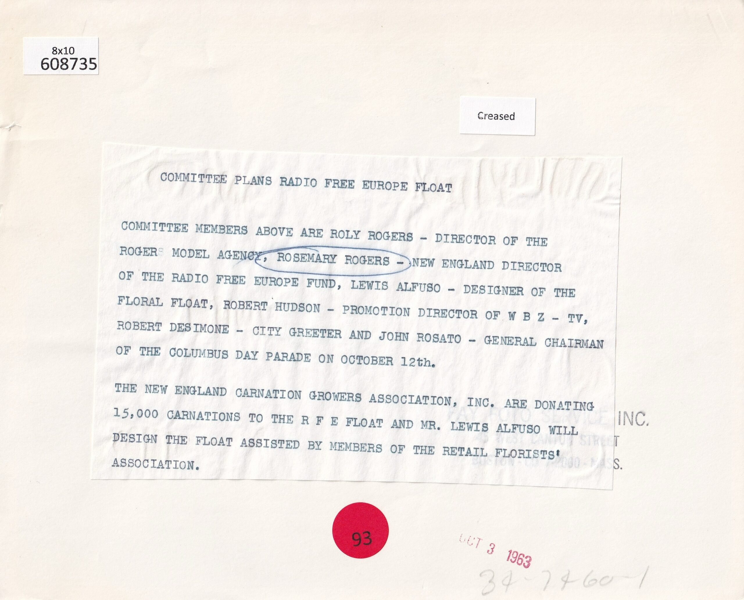 Reverse caption identifying committee and media involvement in RFE Fund event, 1963