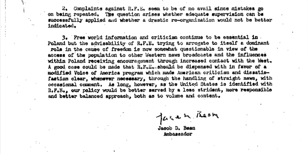 Typed excerpt from a 1959 U.S. Embassy Warsaw document signed by Ambassador Jacob D. Beam recommending that Radio Free Europe be replaced by a modified Voice of America program for Poland.