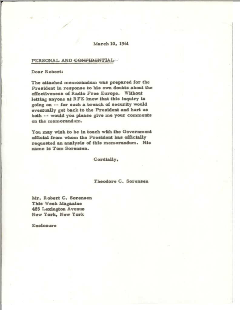 A transmittal memorandum showing how a critical internal policy analysis of U.S. international broadcasting circulated among President Kennedy’s closest advisers in early 1961.