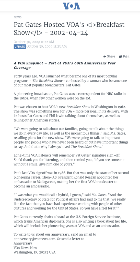 Screenshot of VOA News article about Pat Gates and The Breakfast Show, originally dated April 24, 2002, and republished October 30, 2009.