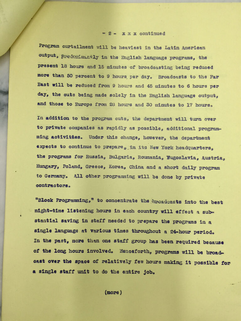 Second page of 1947 VOA cuts press release describing regional reductions.