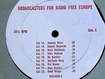 Cold War transcription disc with short segments by American entertainers used in RFE programming.