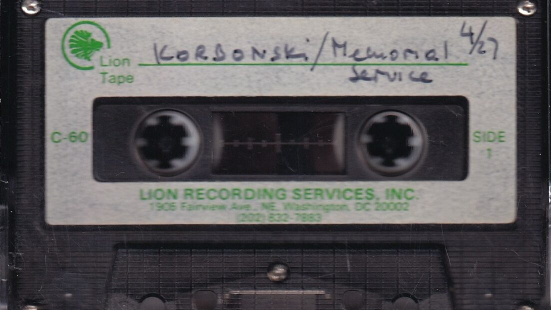 Archival cassette preserving a fragment of the 1989 funeral service for Stefan Korboński.