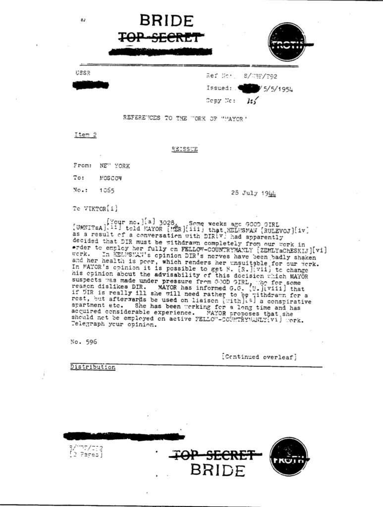 Declassified VENONA cable page showing New York to Moscow message dated July 28 1944 with references to Bentley Browder and Mary Price