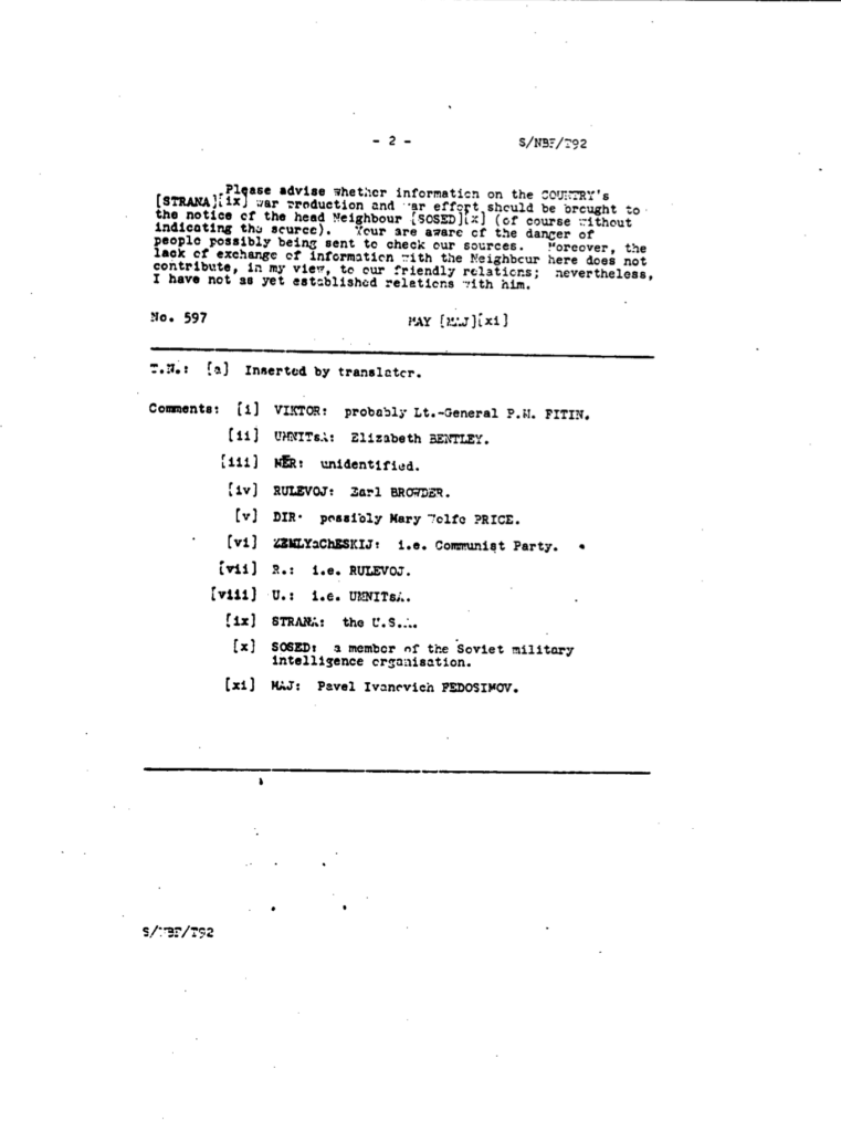 Second page of VENONA cable with translator notes identifying Bentley Browder Mary Price and Soviet intelligence officials